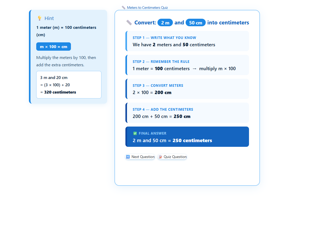 convert meters and centimeters into centimeters