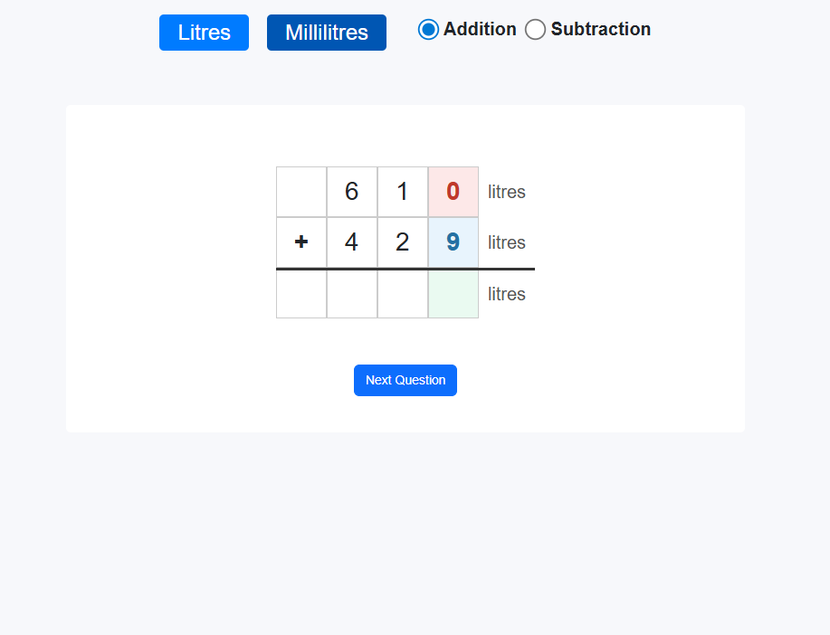 Addition Subtraction of litres and millilitres