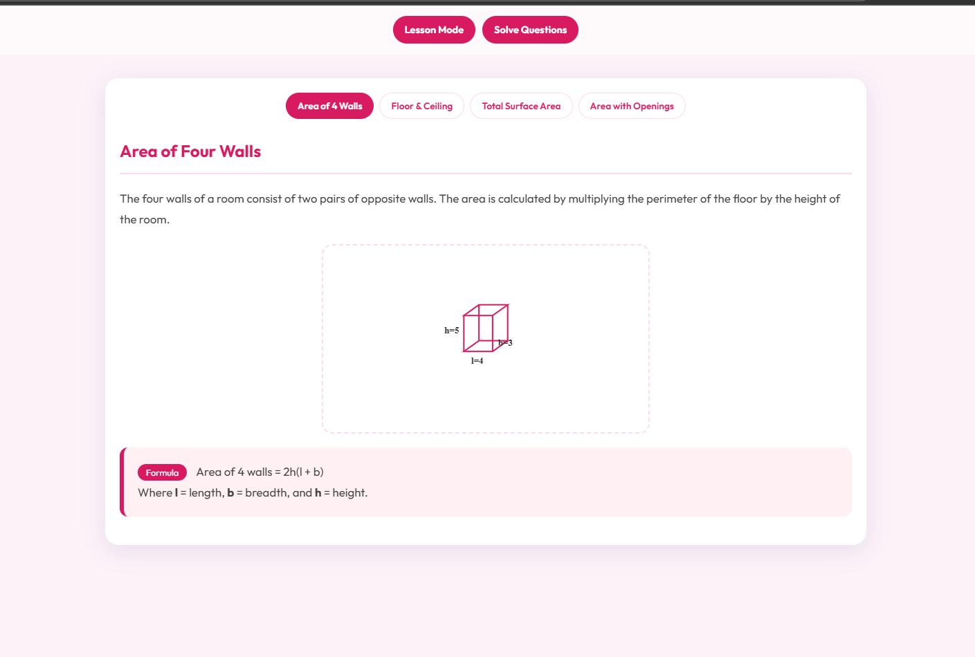 Area of four walls, floor and ceiling