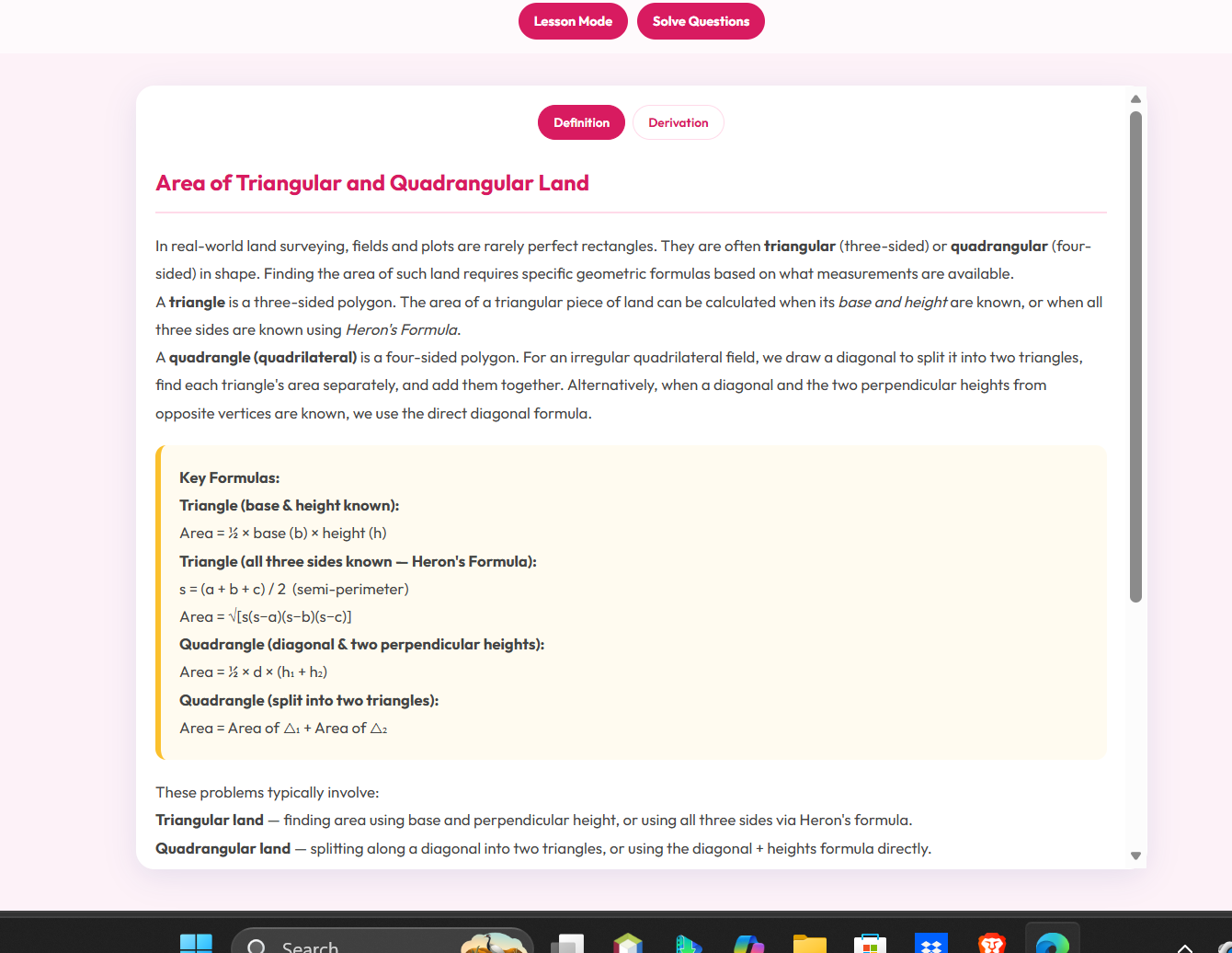 Area of triangular and quadrangular land
