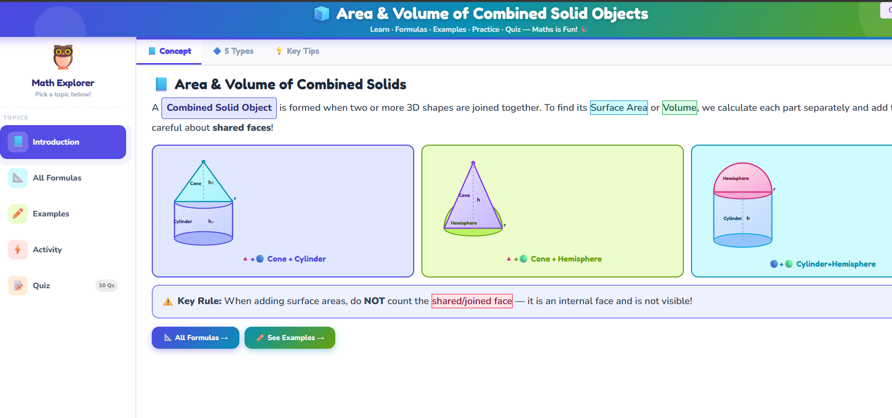 Area and Volume of Combined Solid Objects