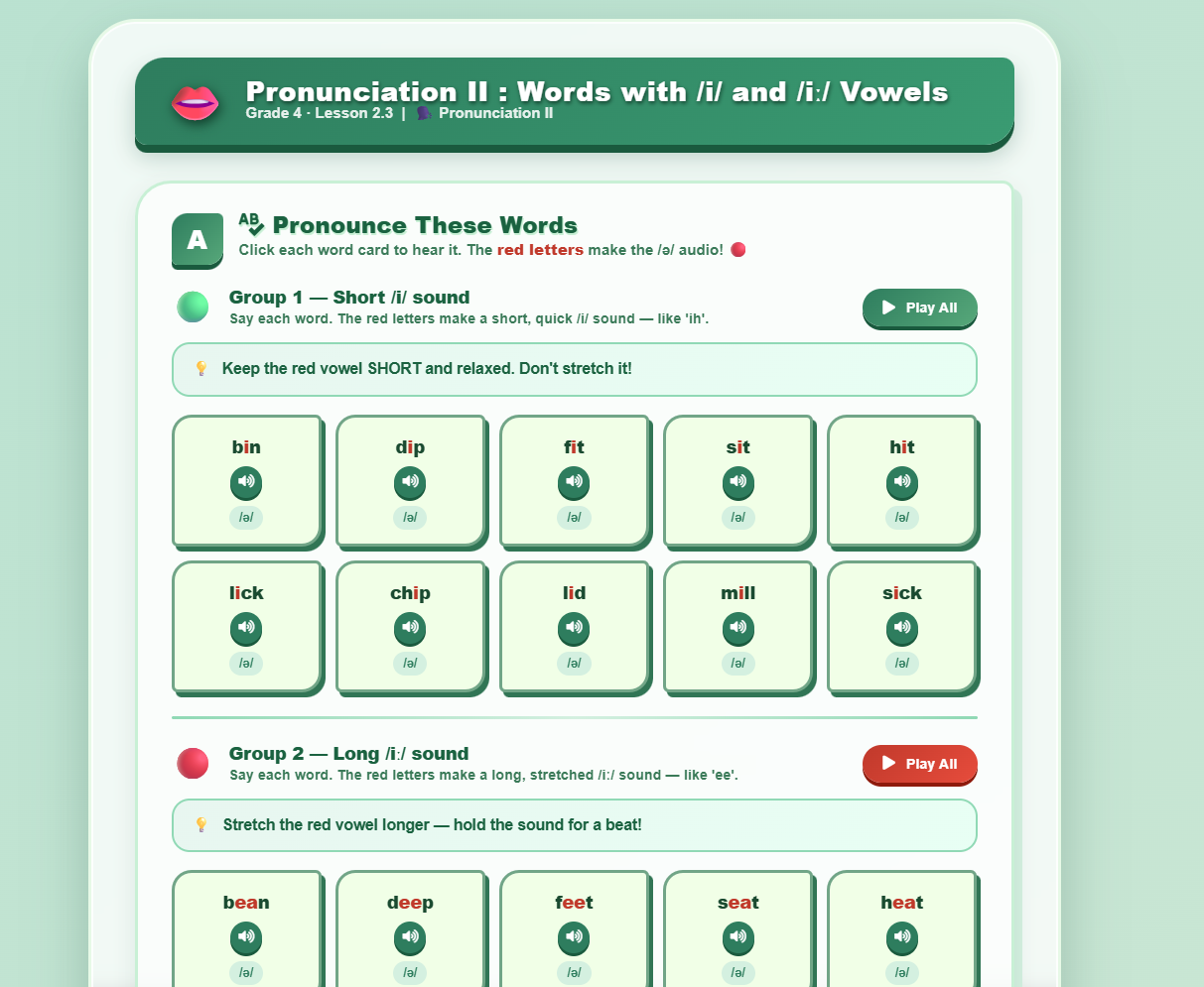 Pronunciation II : words with /i/ and /i:/ vowels