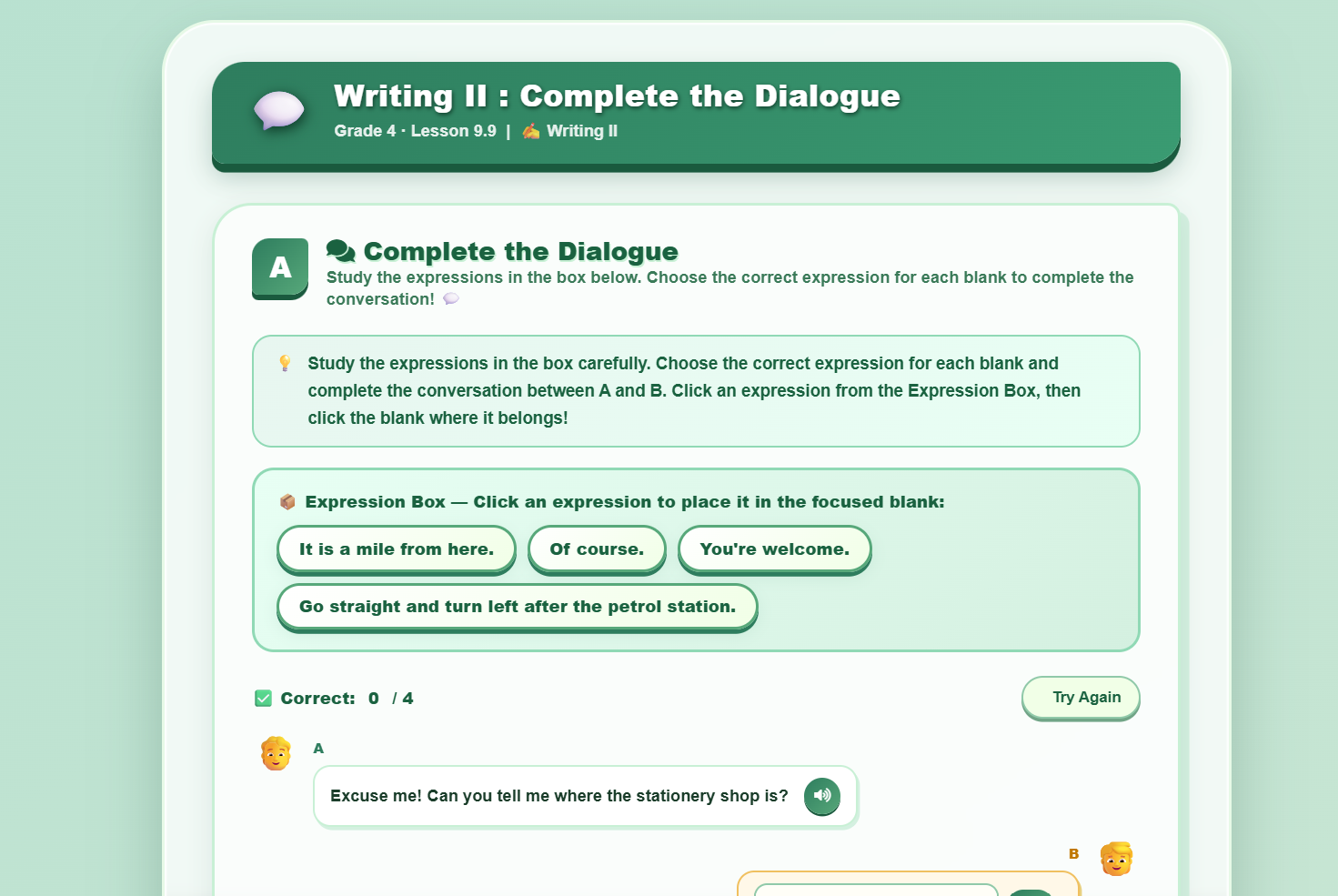 Writing II : Complete the dialogue