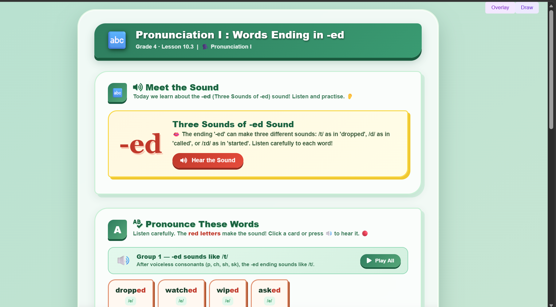 Pronunciation I : words ending in -ed
