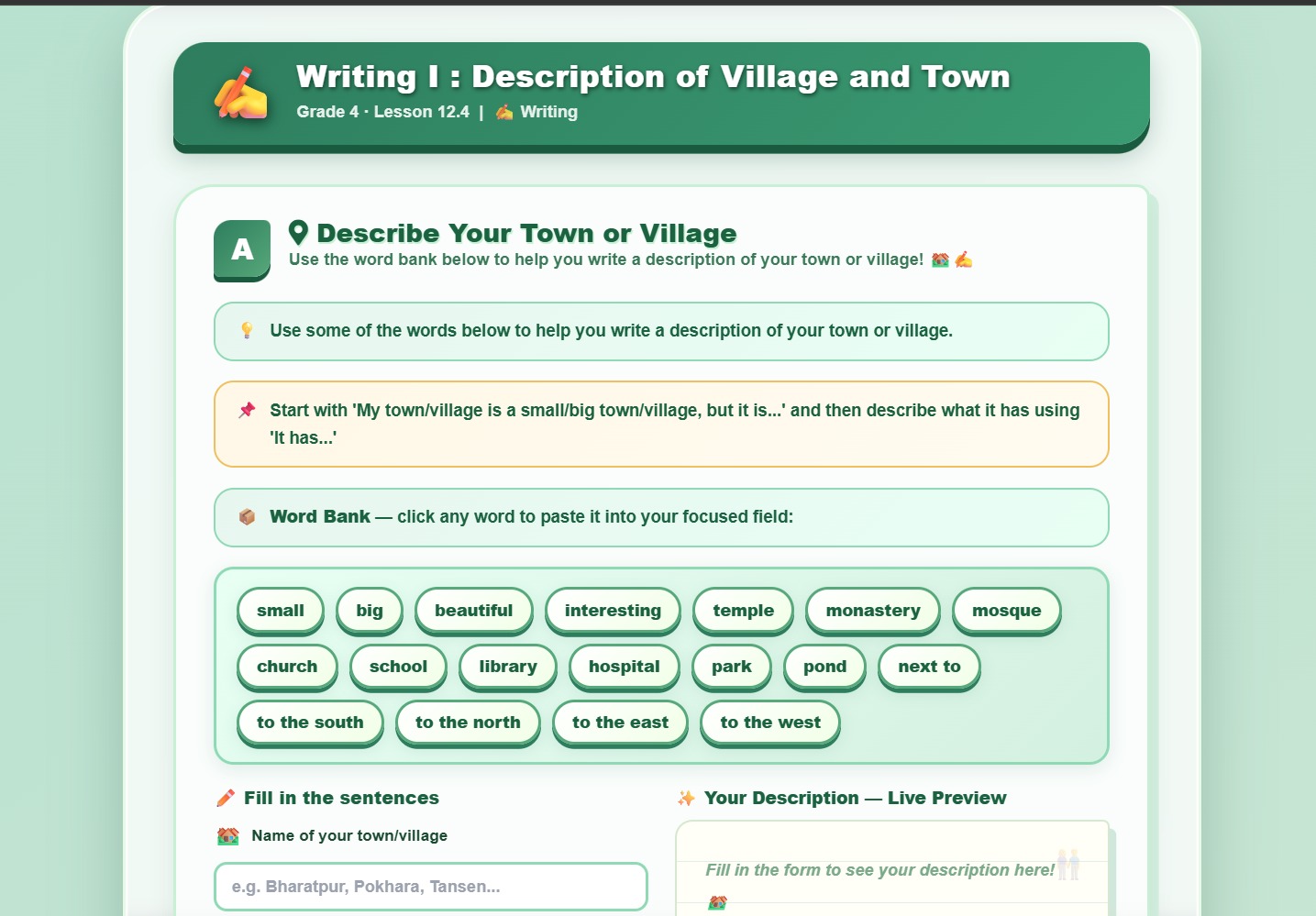 Writing I : Describe the village and town