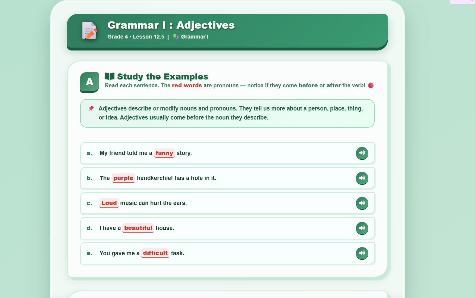 Grammar I : Use of adjectives