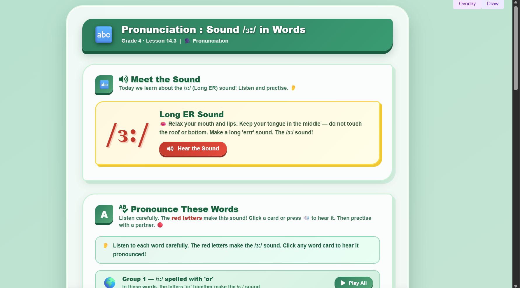 Pronunciation I : sound /ɜ:/ in words