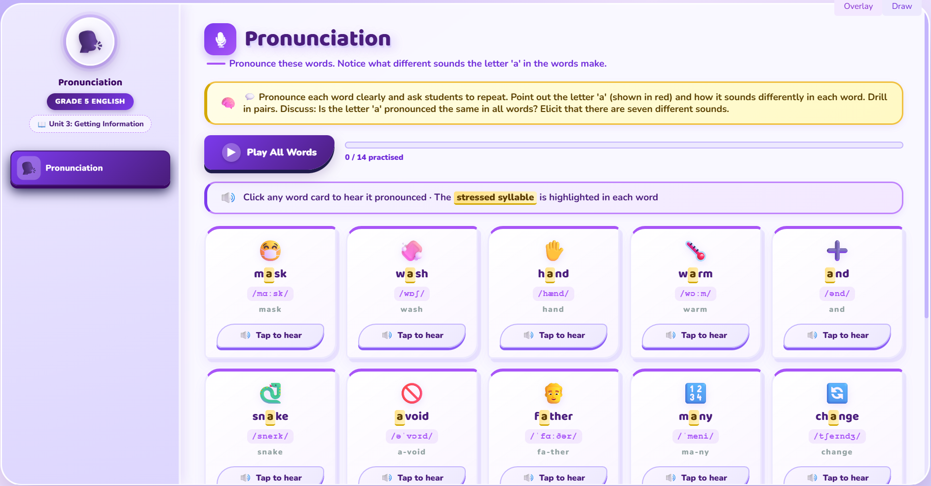 Pronunciation : vowel sounds the letter ‘a’ makes