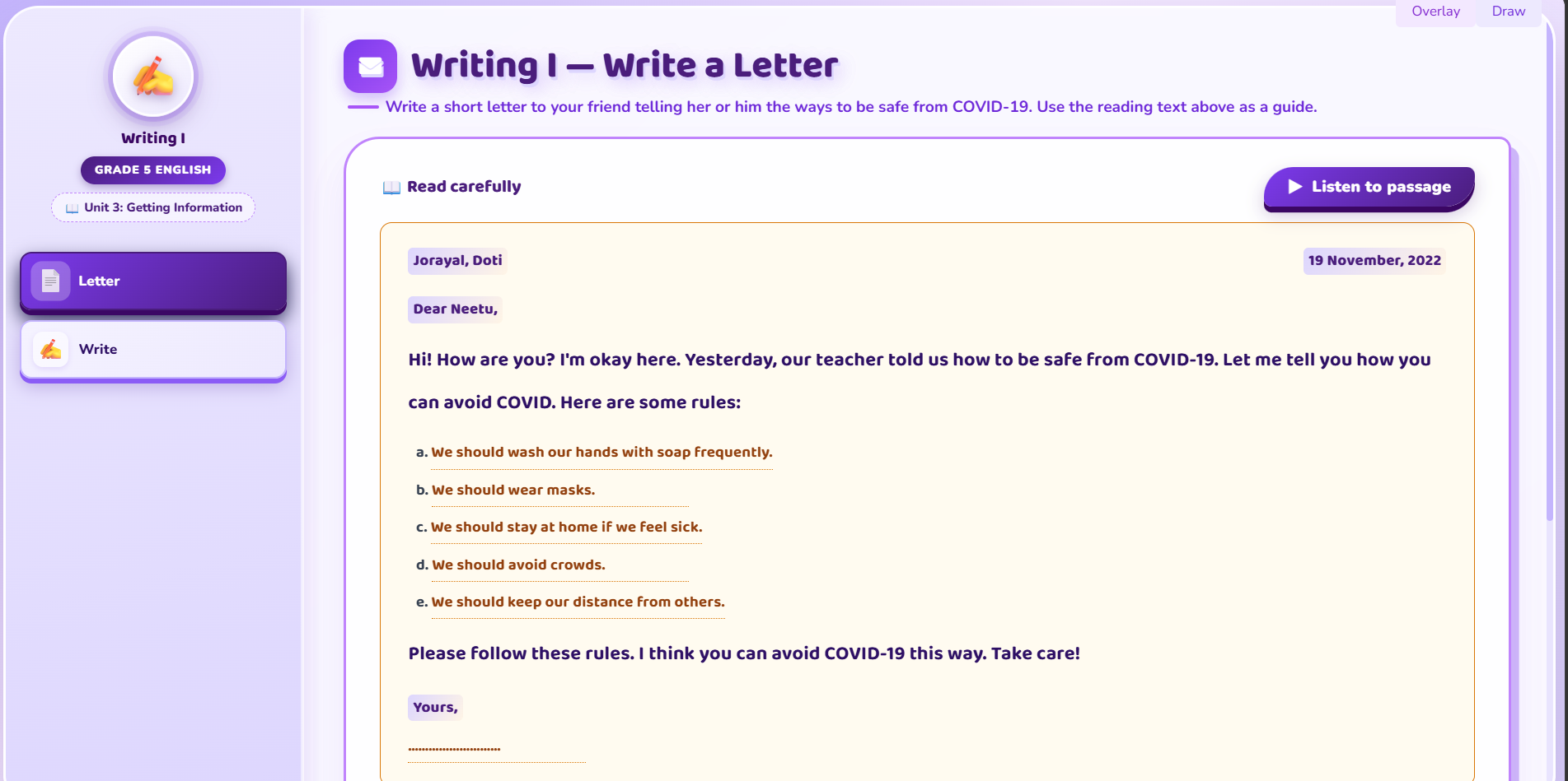 Writing I: Personal letter