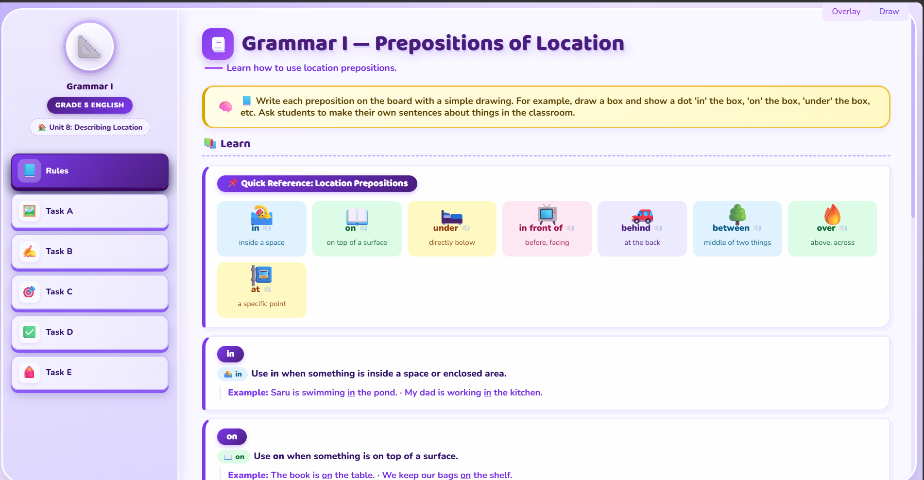 Grammar I : Use preposition of location
