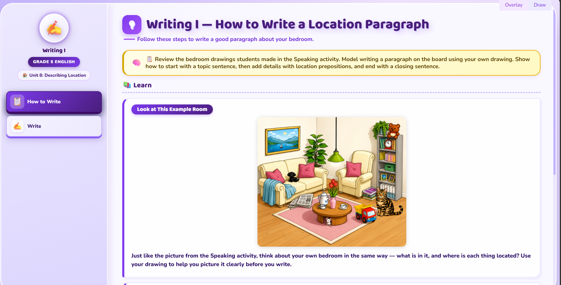 Writing I : paragraph describing location of things