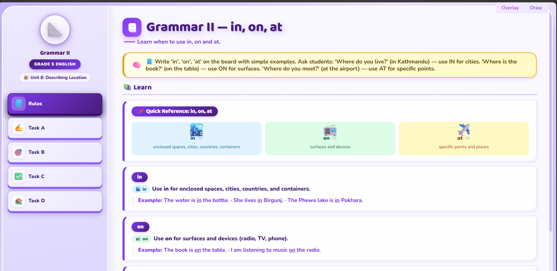 Grammar II :  location prepositions: in, on, and at