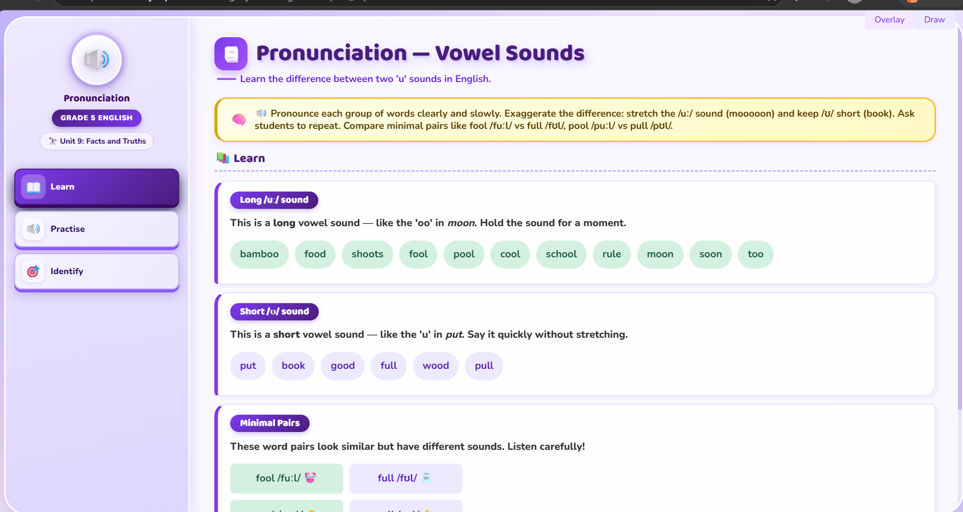 Pronunciation :  words with long /u:/ and short /U/ sound