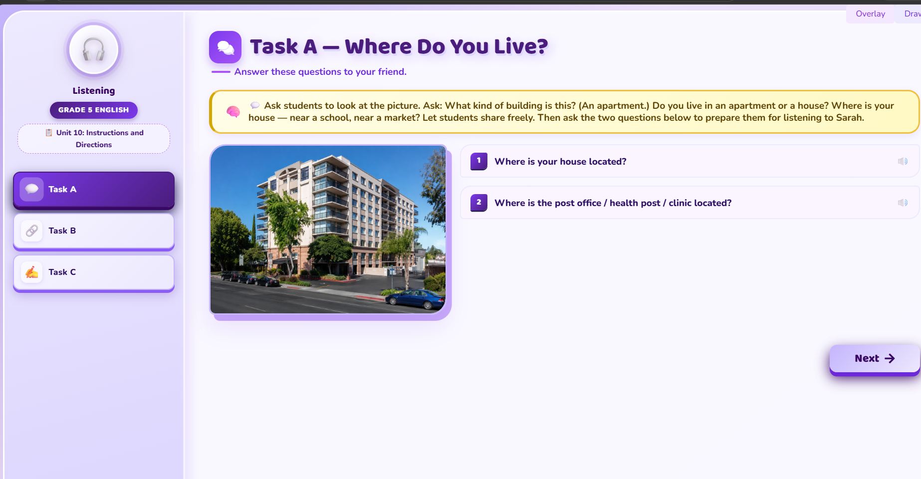 Listening: Description about an apartment's location