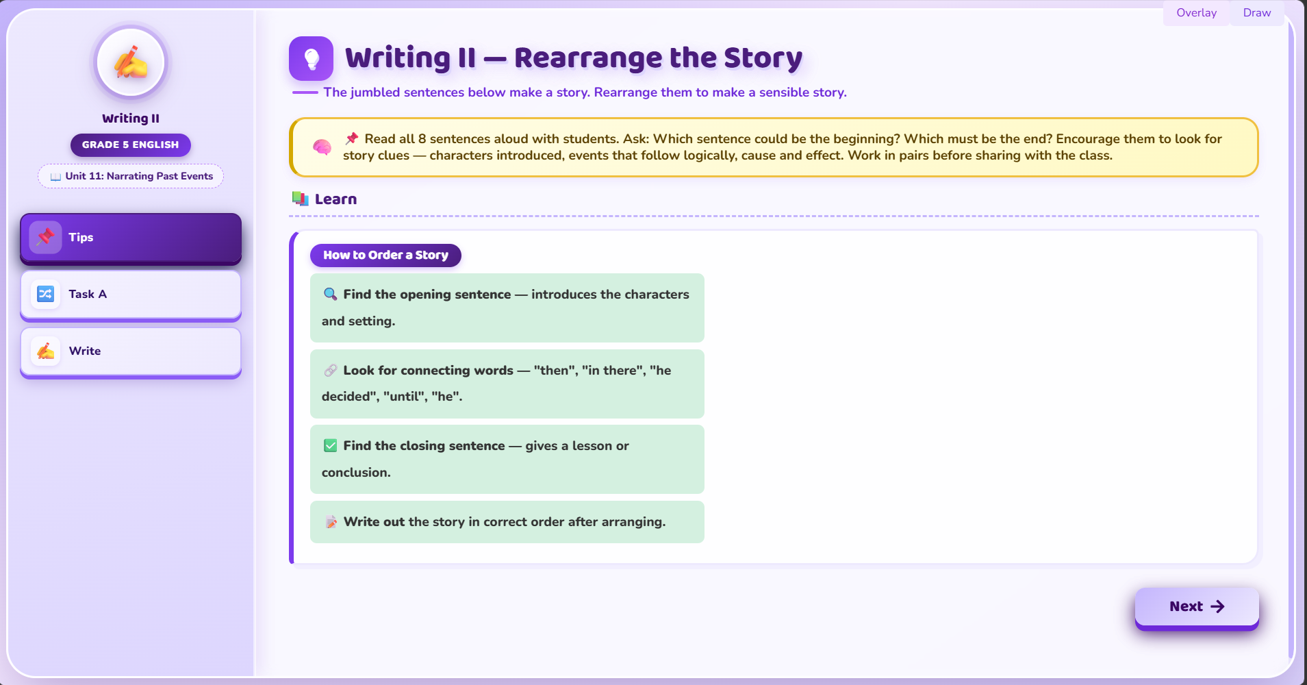 Writing II : Rearranging sentences to make a story