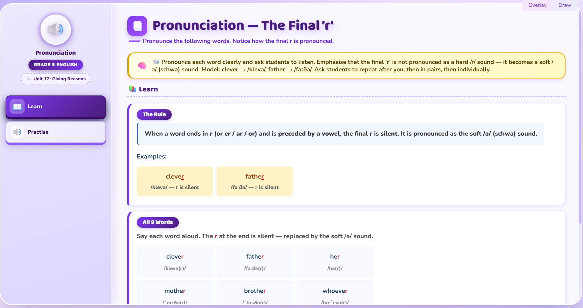 Pronunciation : words with final ‘r’.