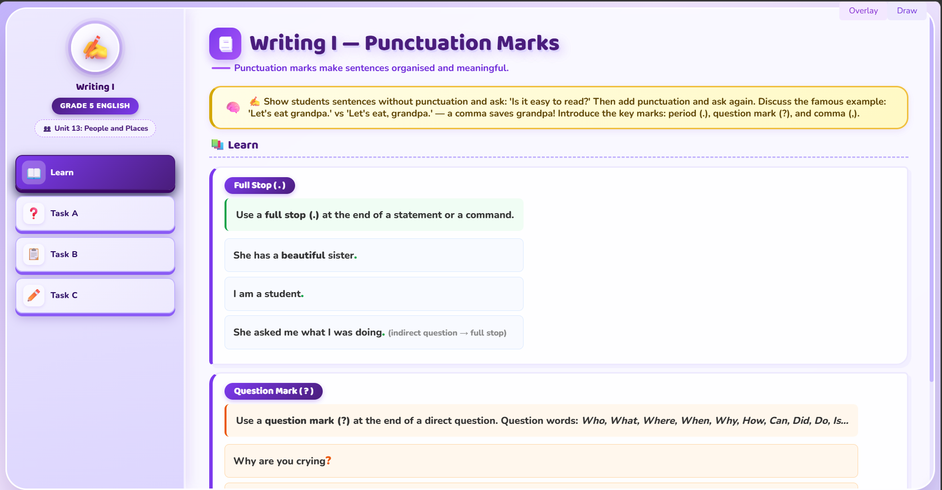 Writing I : question marks and full stops