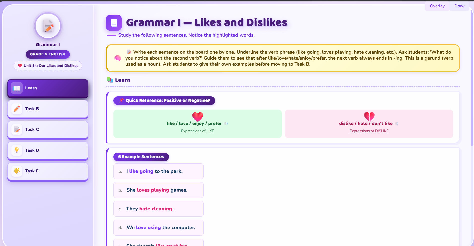 Grammar I : Structures of likes and dislikes