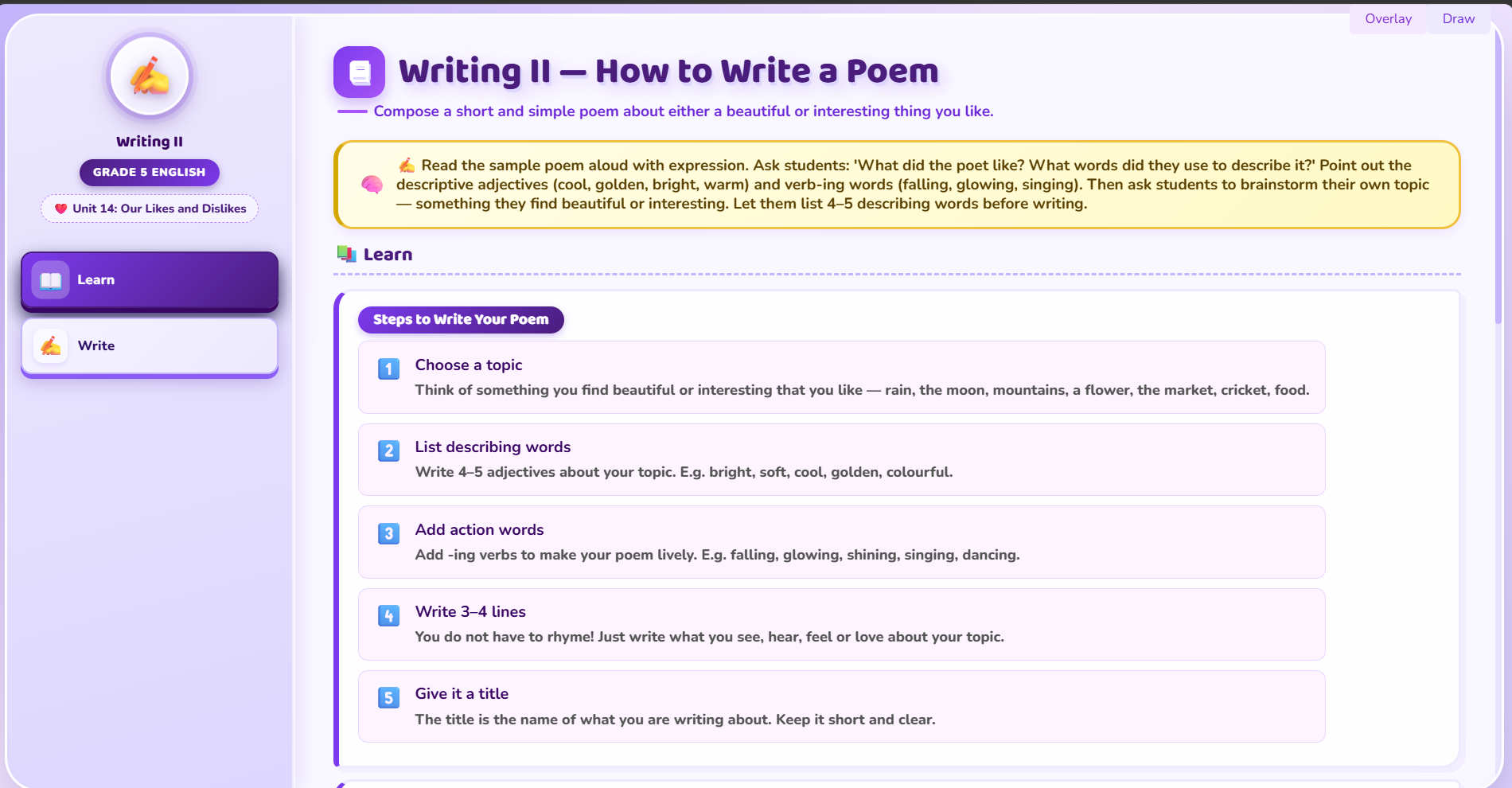 Writing II : poem about a thing one likes the most