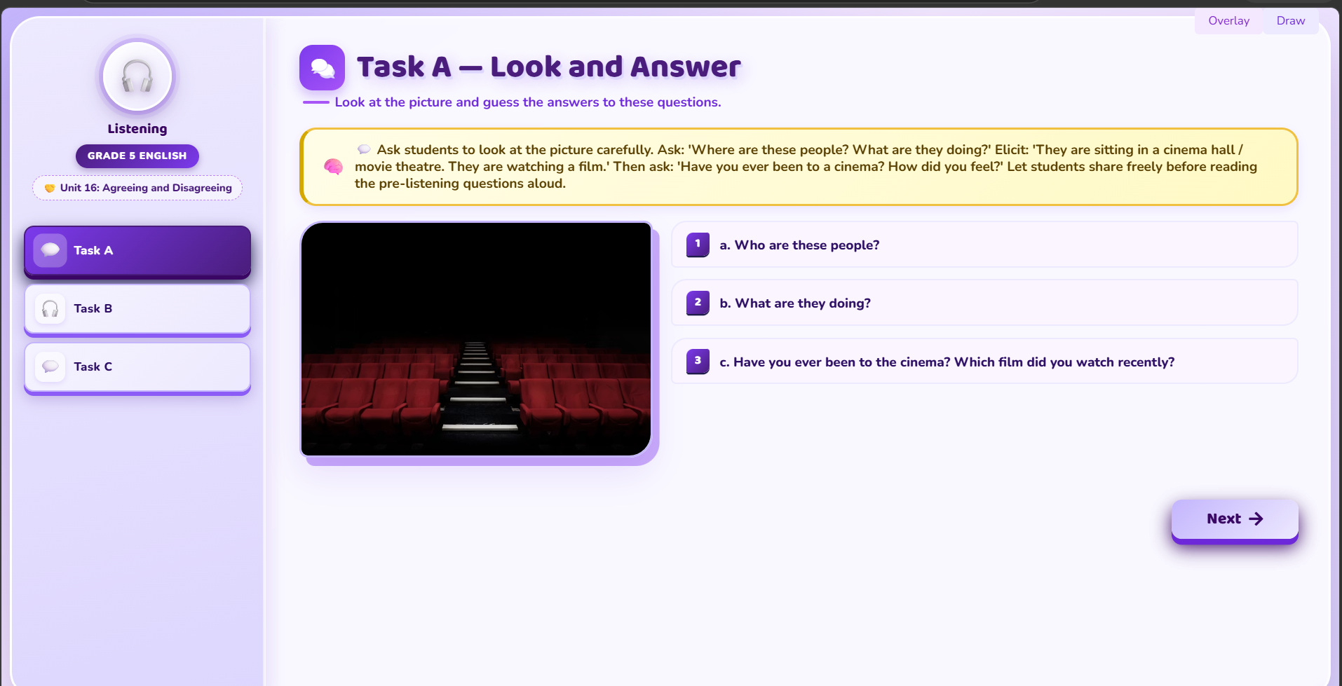 Listening: Conversation about going to movies