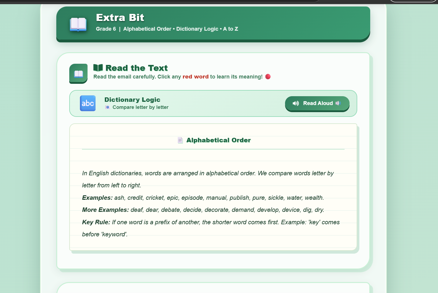 Extra bit :  Alphabetical order