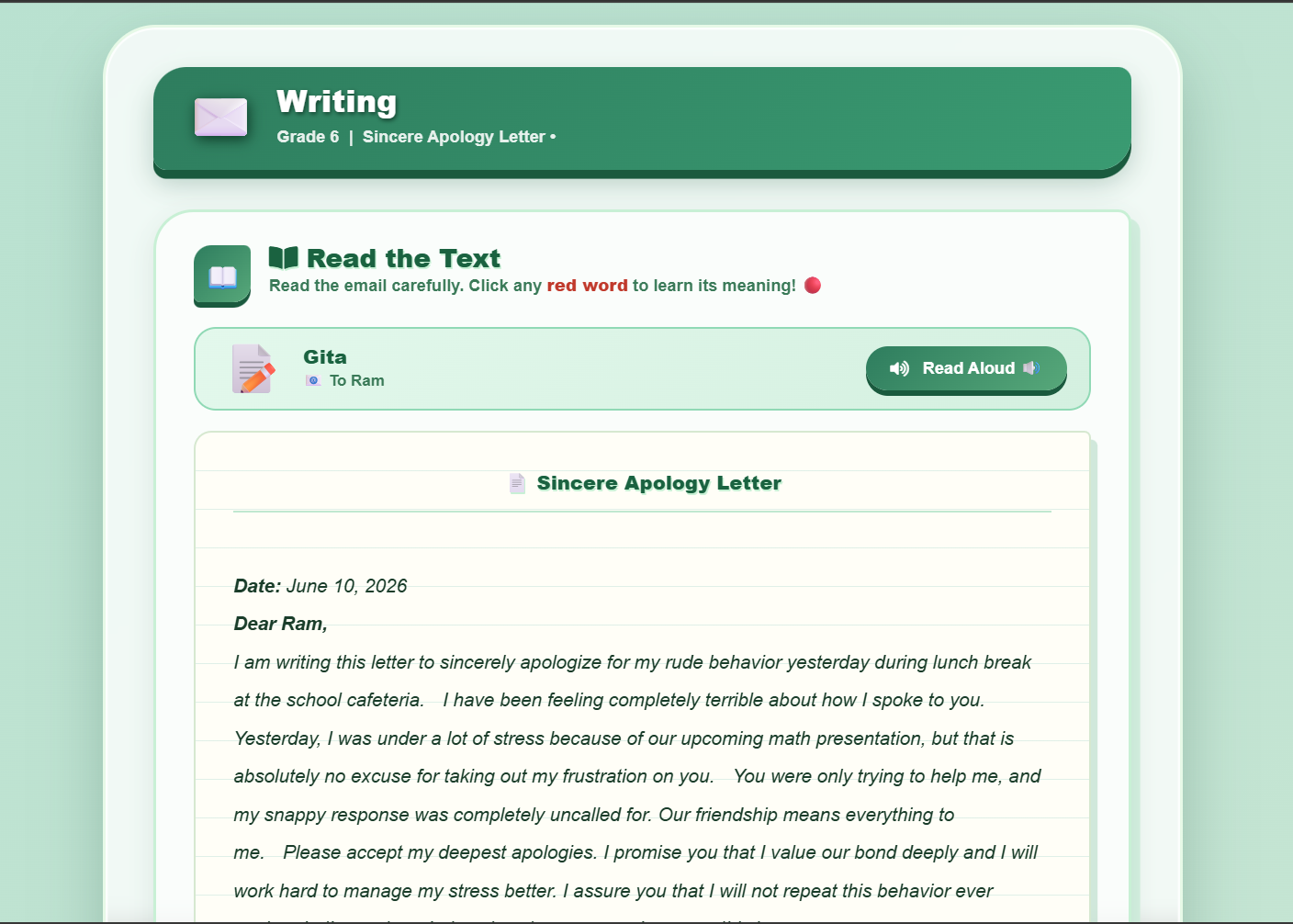 Writing :  an apology letter/email