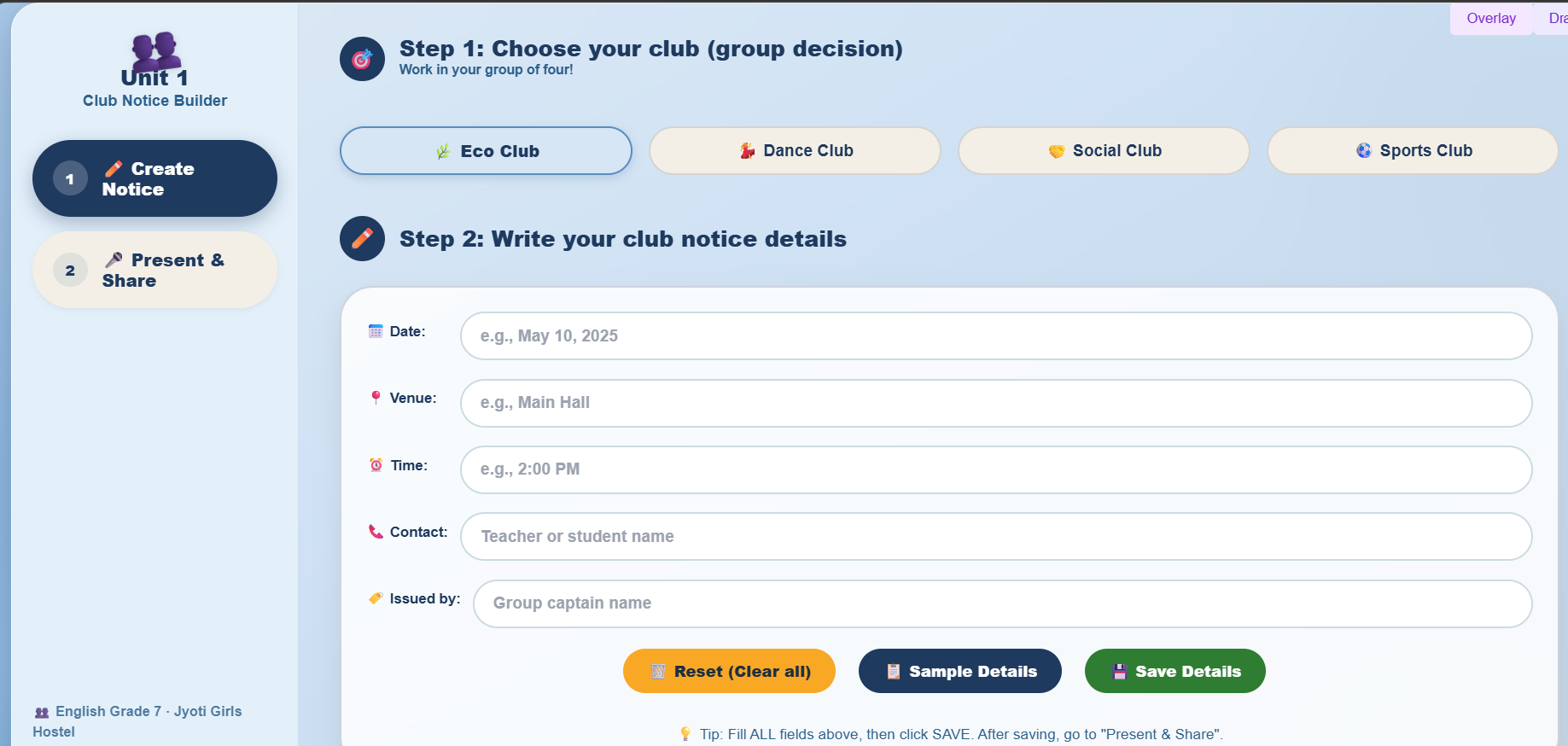 Project Work : Prepare a short notice for a club
