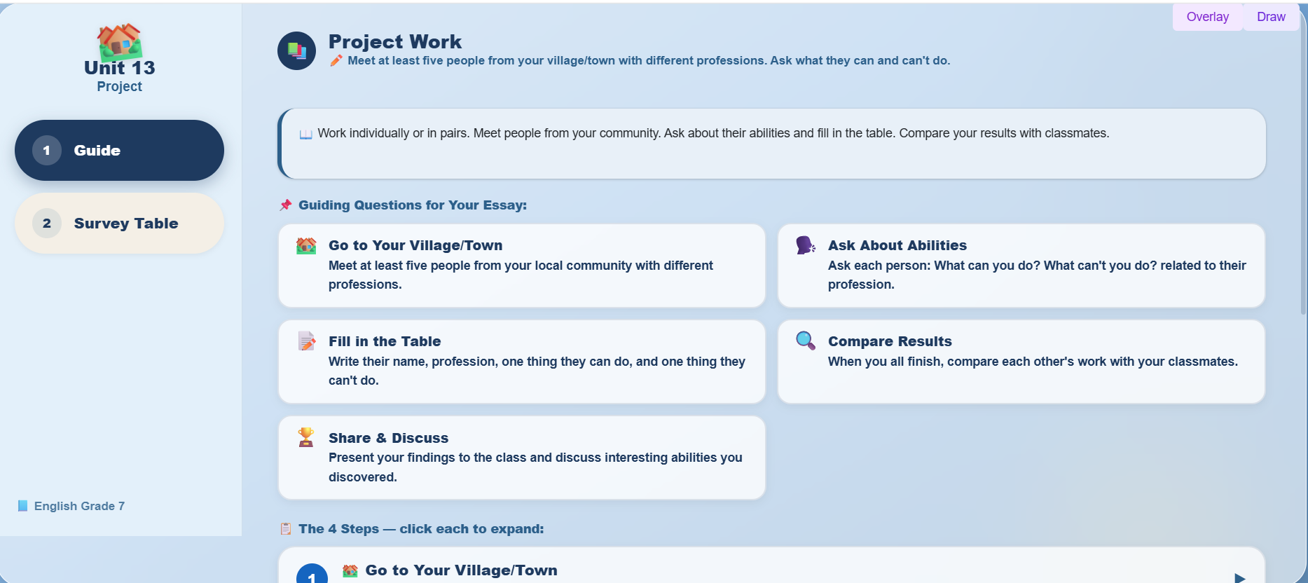 Project Work : Make a survey about people‟s abilities and inabilities