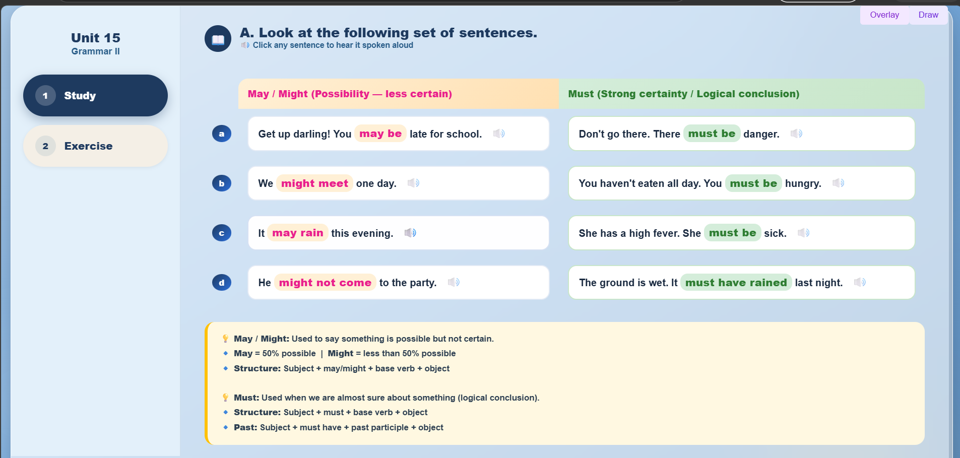 Grammar II: Use of may, might, and must to express the degree of probability