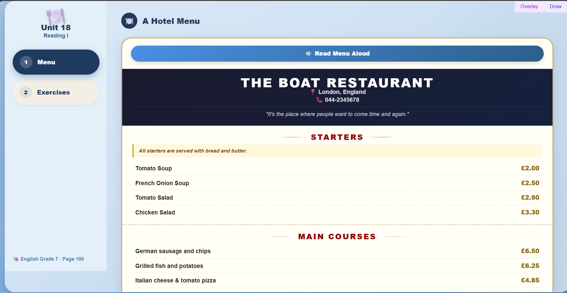 Reading I: A Hotel Menu