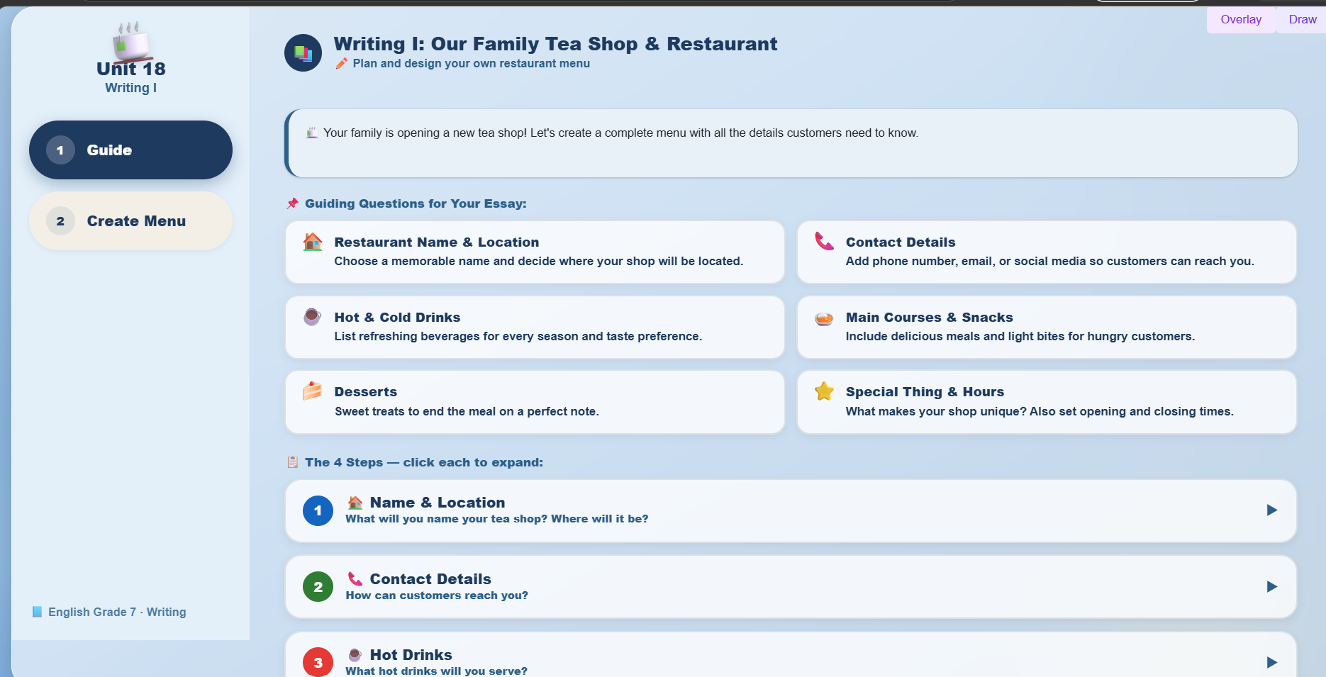 Writing I : Prepare a menu