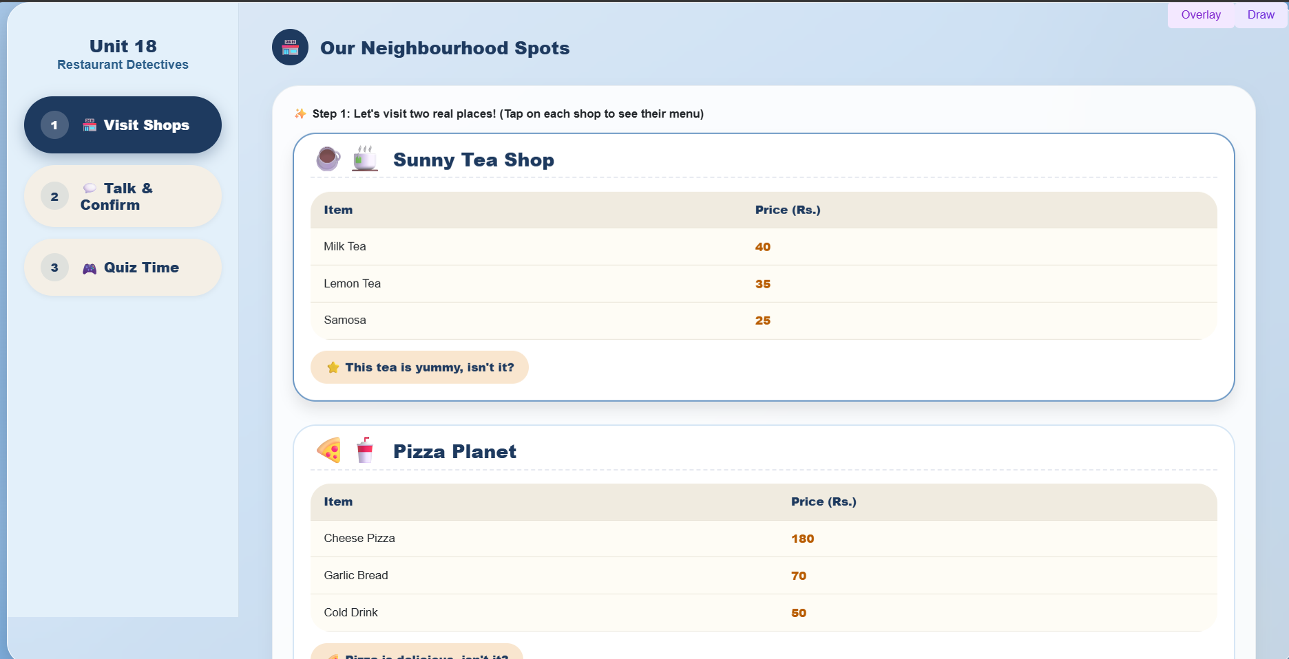 Project Work : Make notes of items and prices in restaurants/hotels