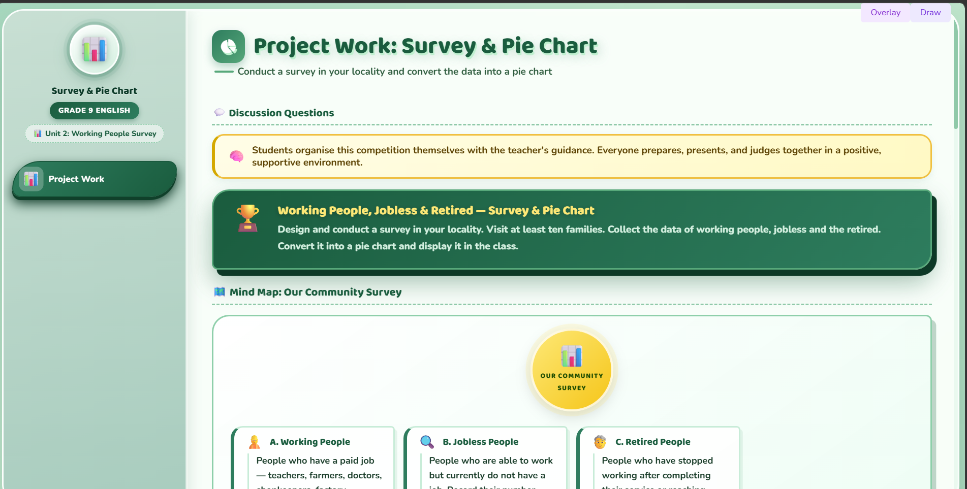 Project work :  working people, jobless and retired people data into a pie chart