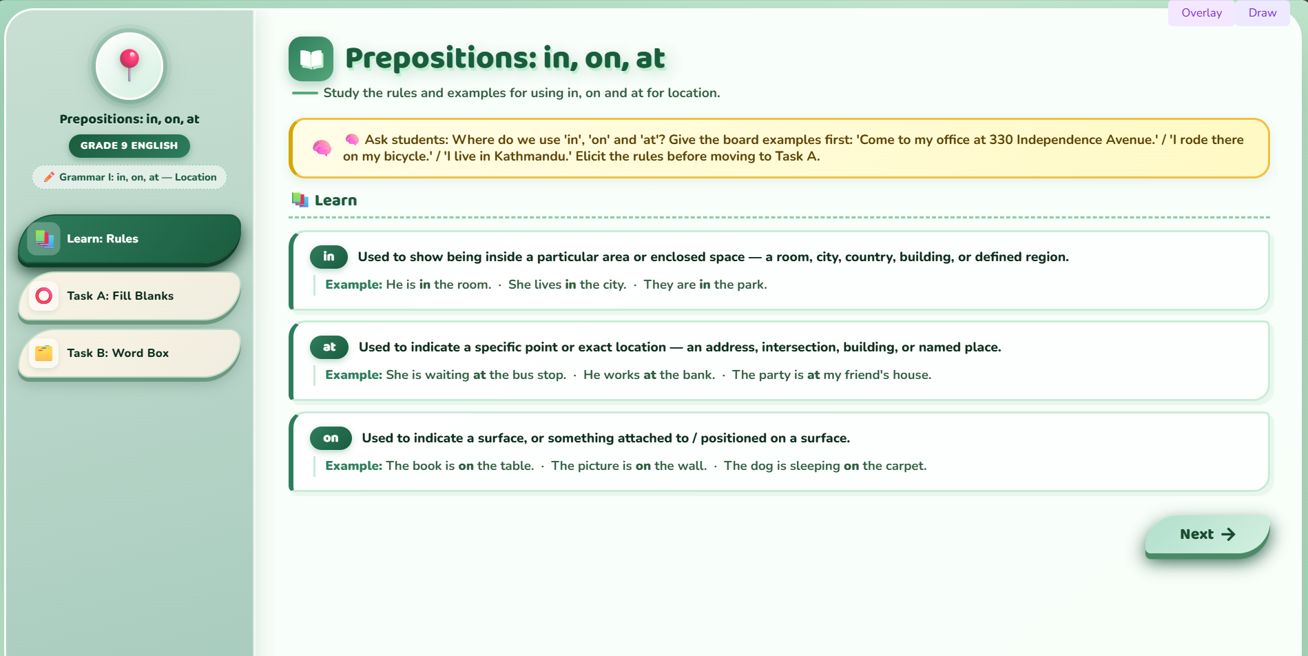 Grammar I : Prepositions: in, on, at