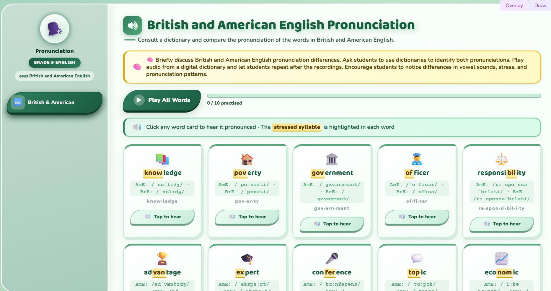 Pronunciation : British and American English.