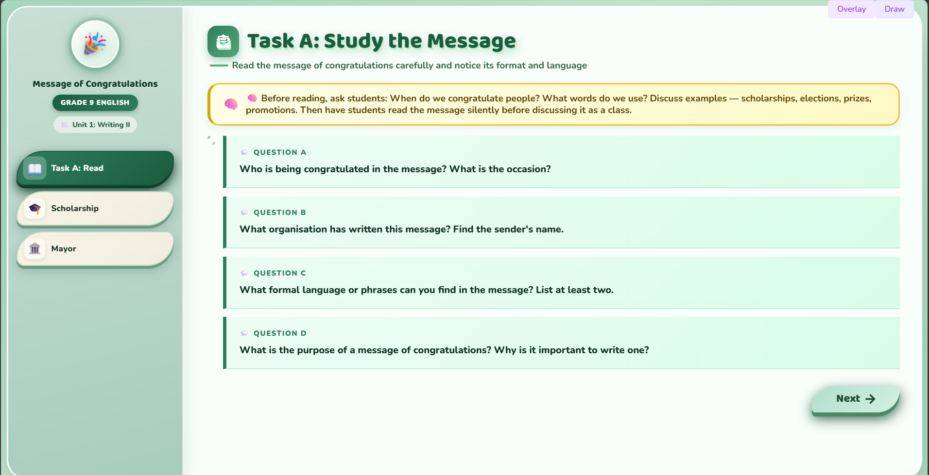 Writing II : Message of congratulations