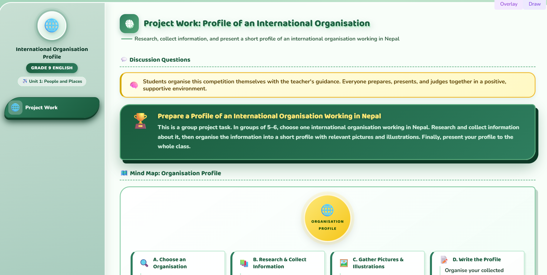 Project work : Prepare a profile of an international organization.