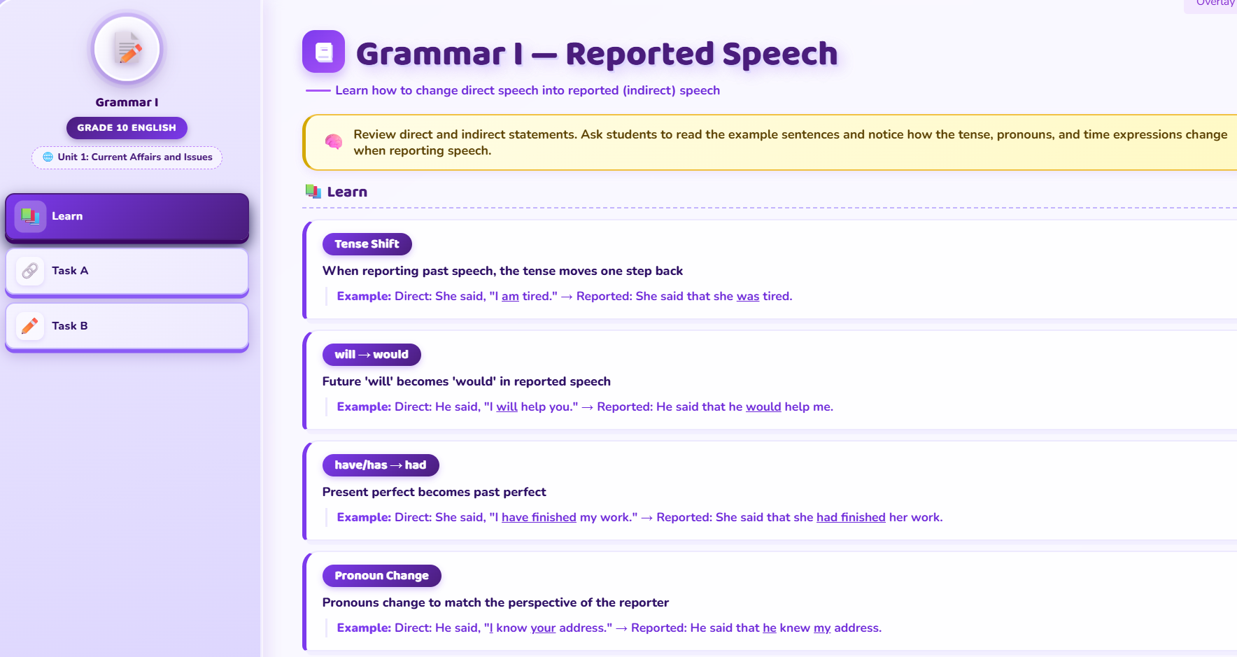 Grammar I: Reported Speech
