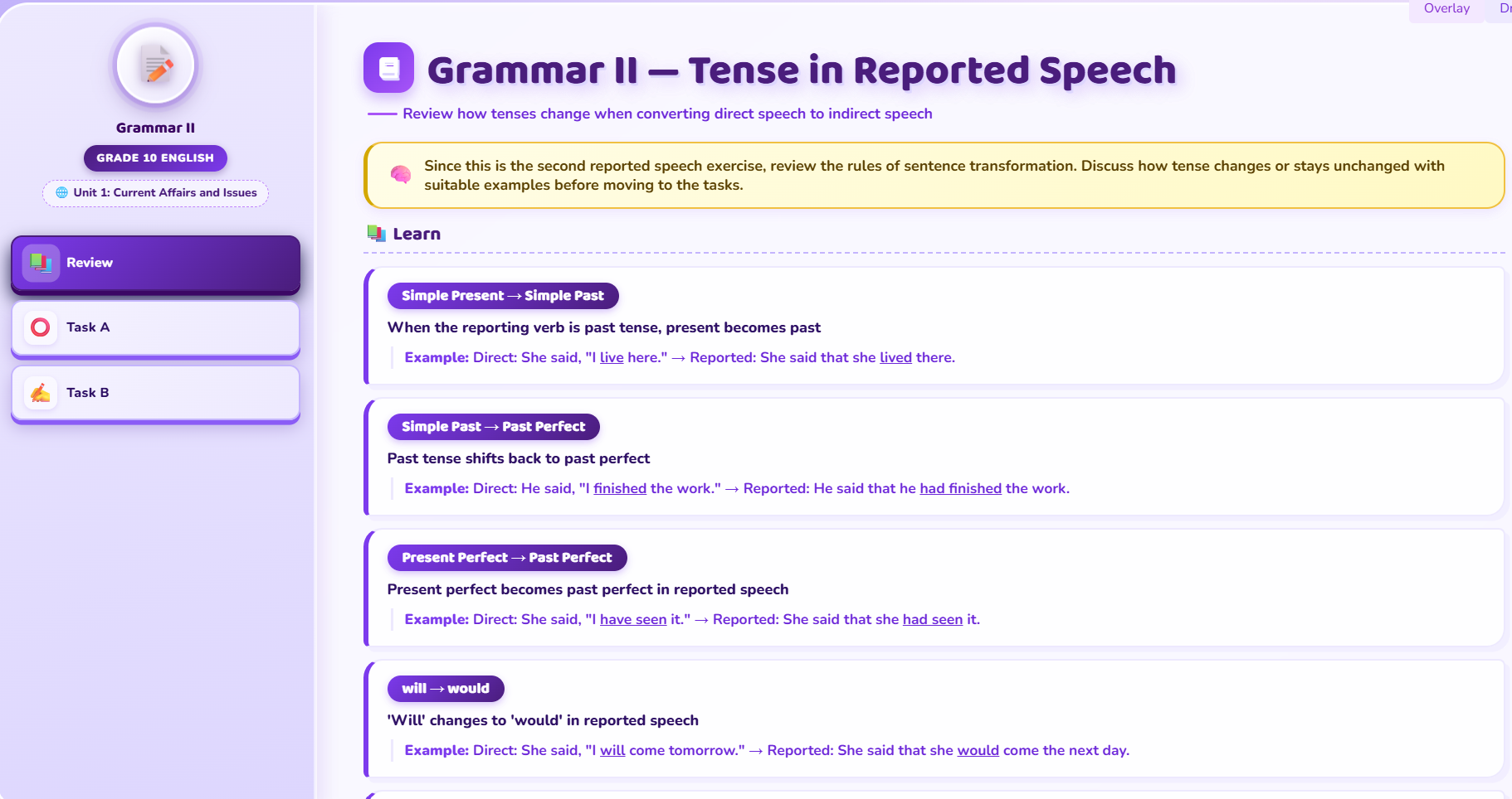 Grammar II : Reported speech: Change of tense