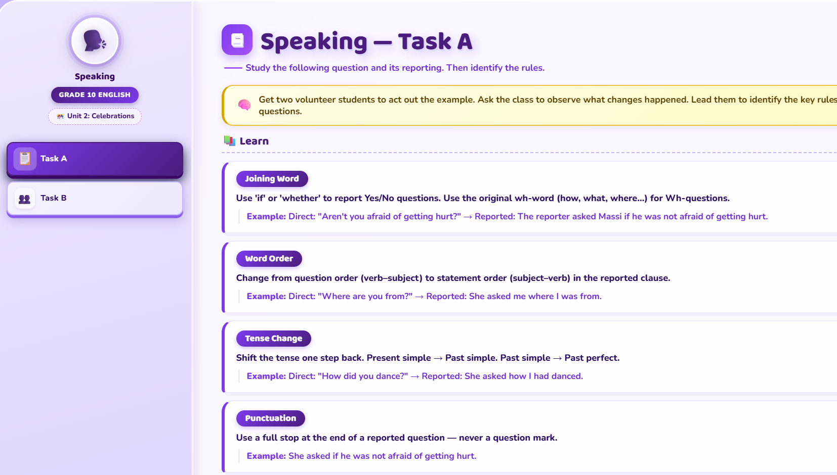 Speaking: Reporting questions