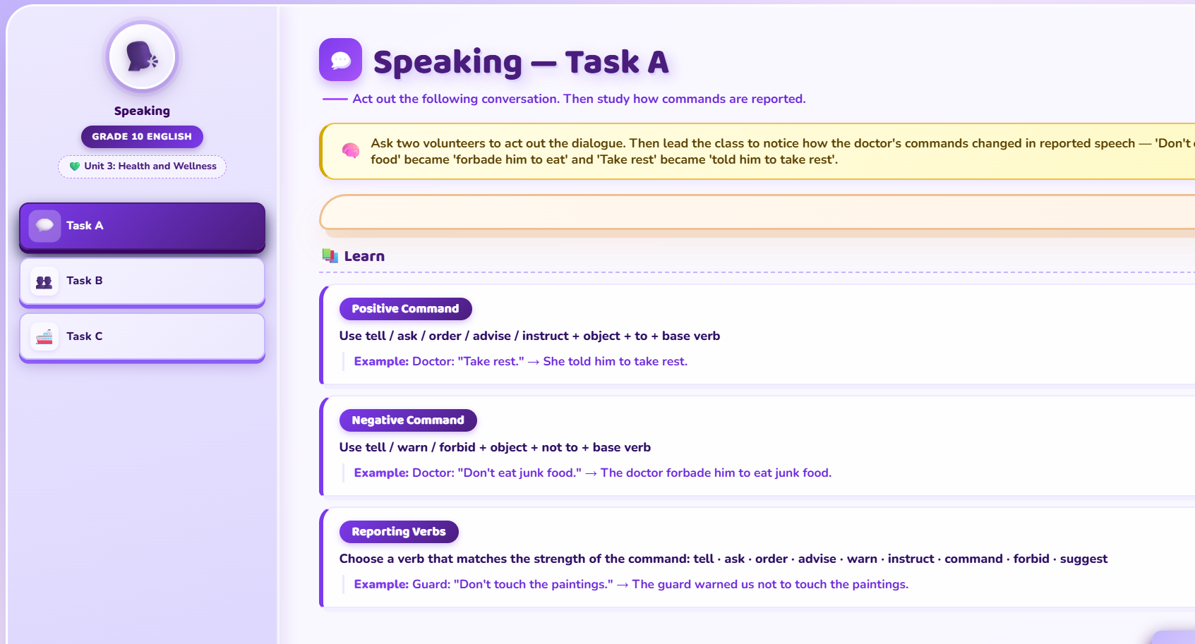 Speaking: Reporting instructions and commands