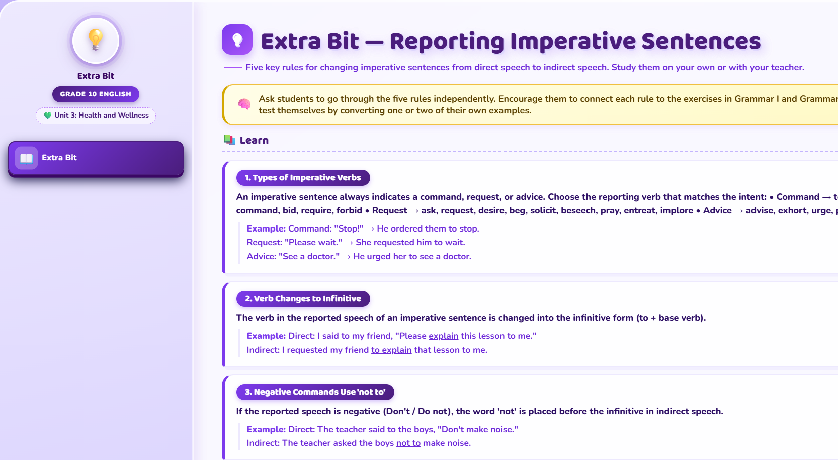 Extra bit : Reported Speech: Command, Request, Advice