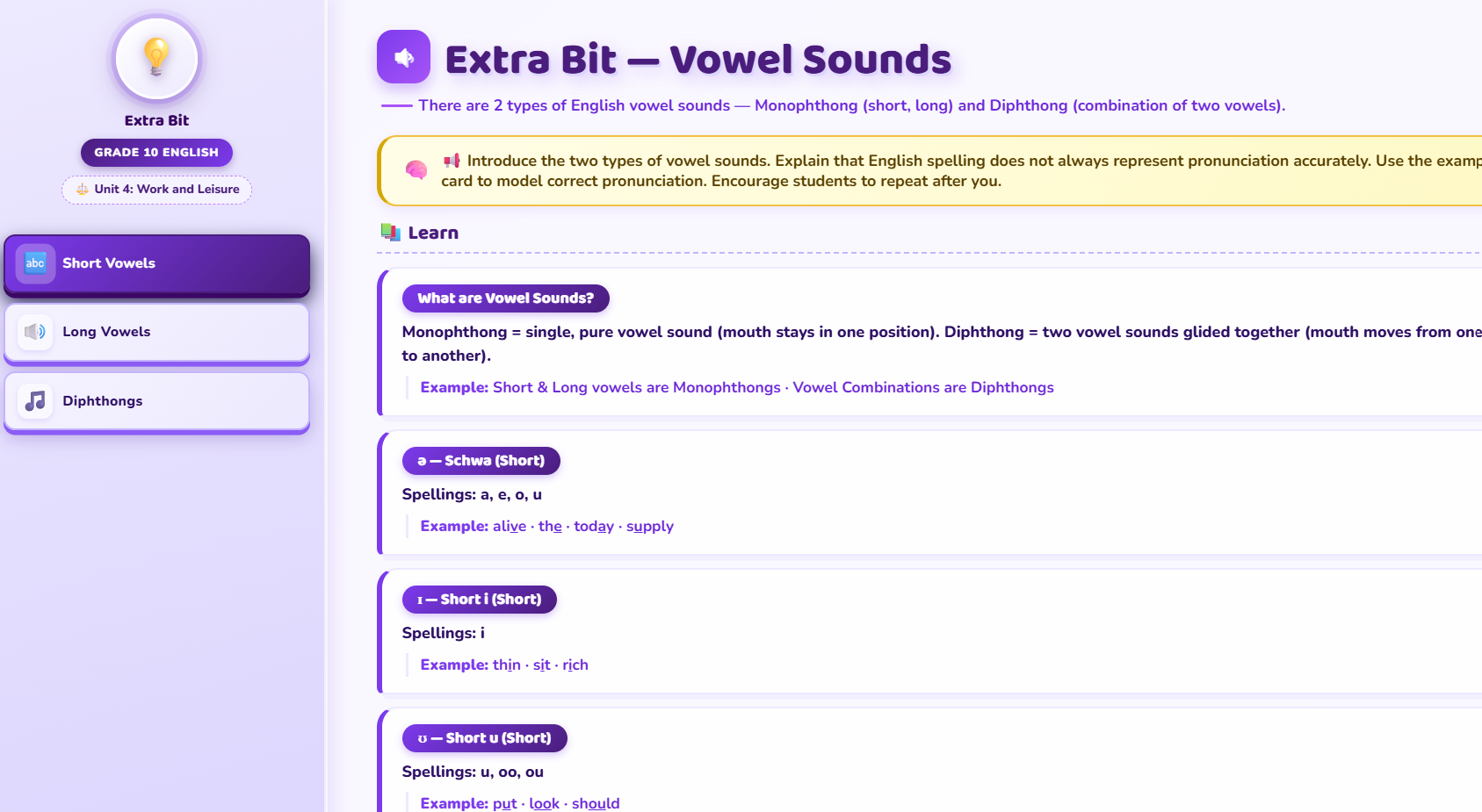 Extra bit : Short, long and diphthong vowels
