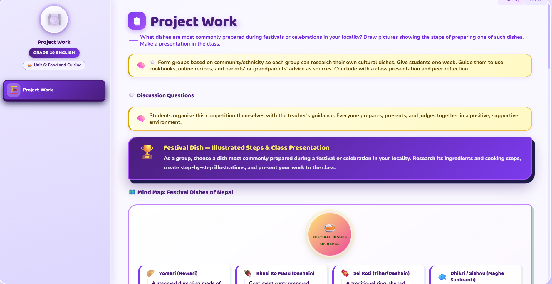 Project work : steps of preparing a dish