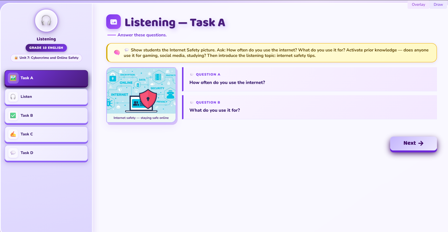 Listening: Description of internet safety measures