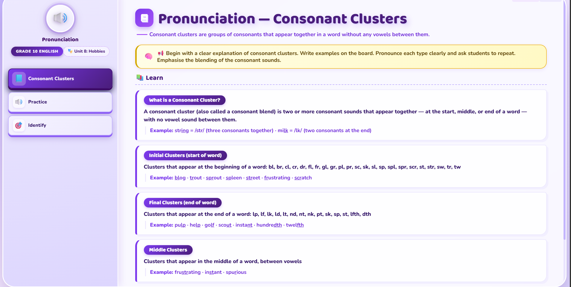 Pronunciation : consonant clusters