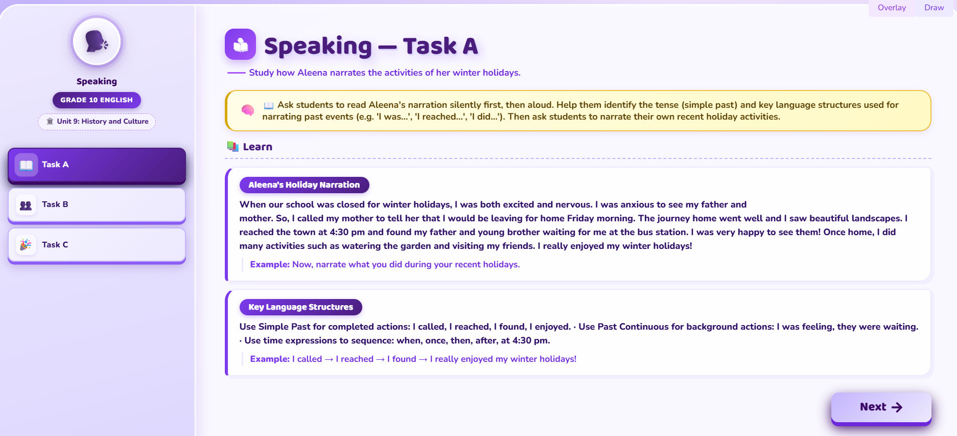 Speaking: Talking about past actions with present significance