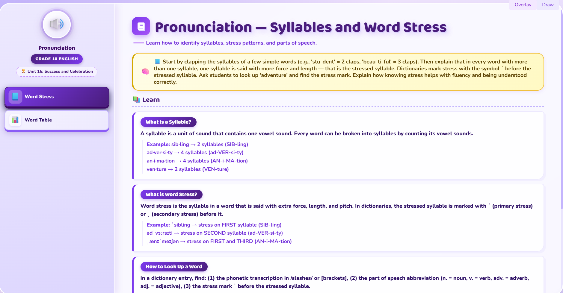 Pronunciation: Pronunciation, word class, syllables and stress