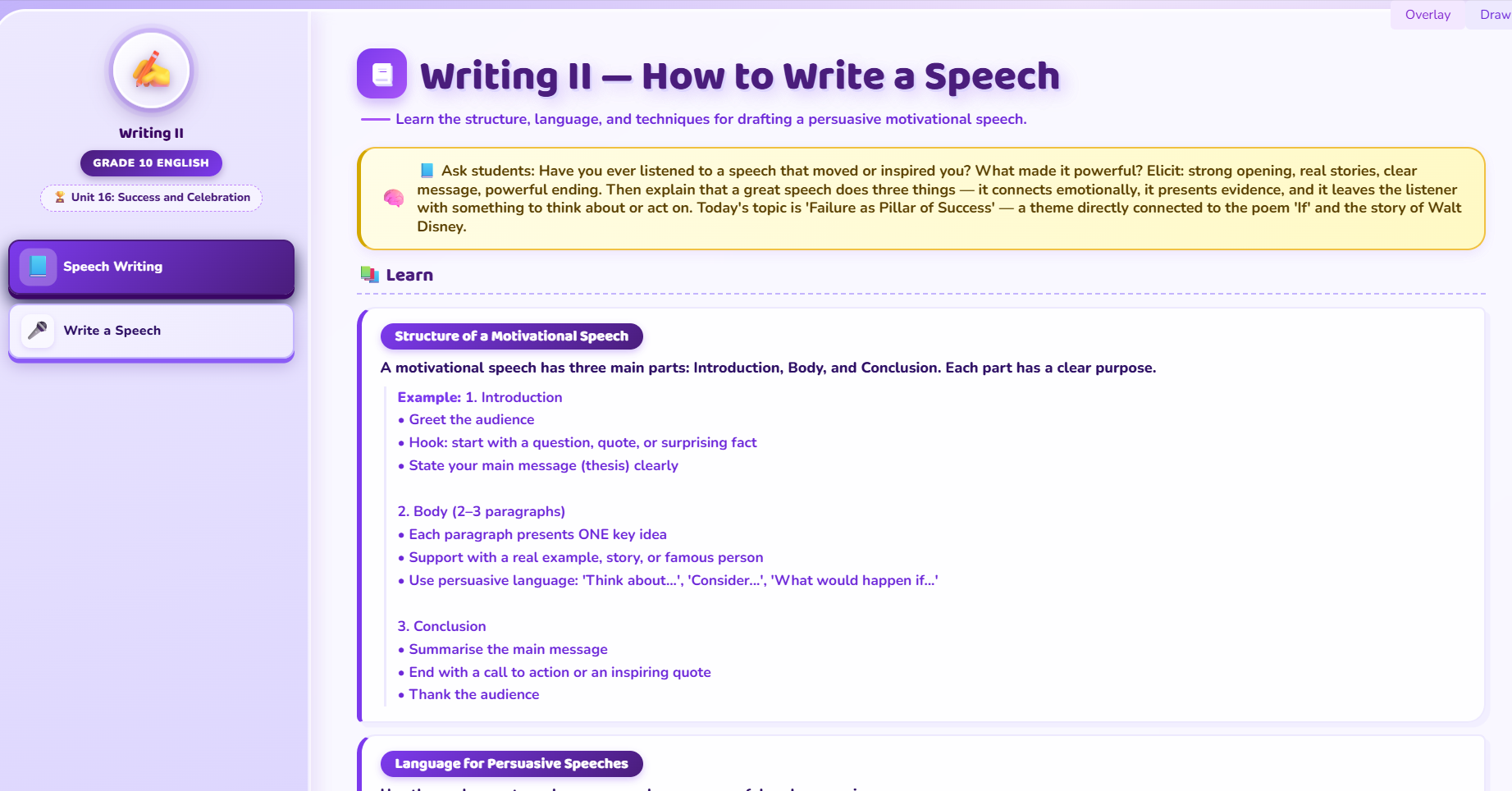 Writing II: Draft a speech.