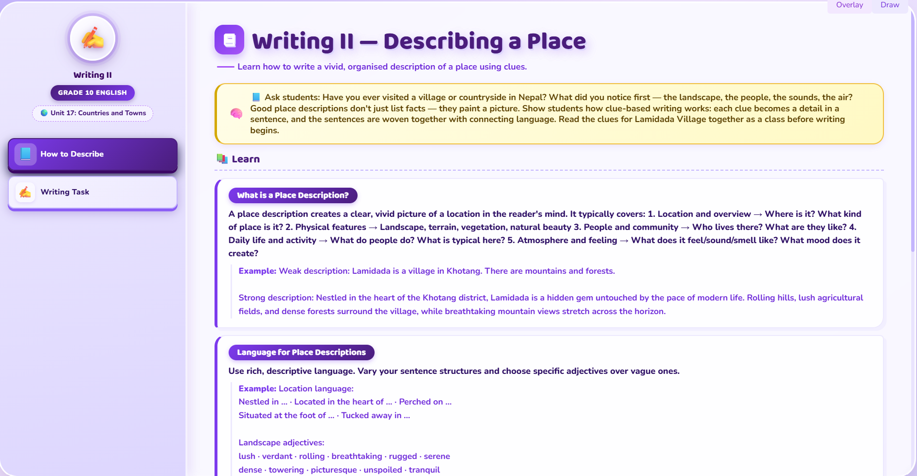 Writing II : Describing a place